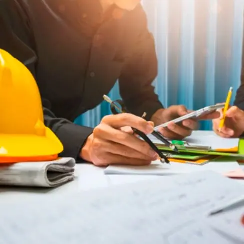 Engenheiros analisando projeto e custos da obra
